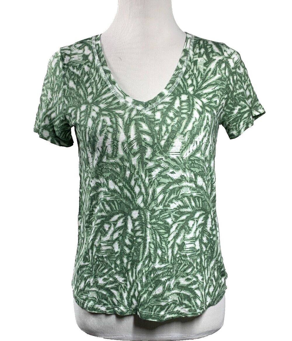 Pure Collection 100% Linen Green Leaf Print V-Neck T-Shirt Size M Casual